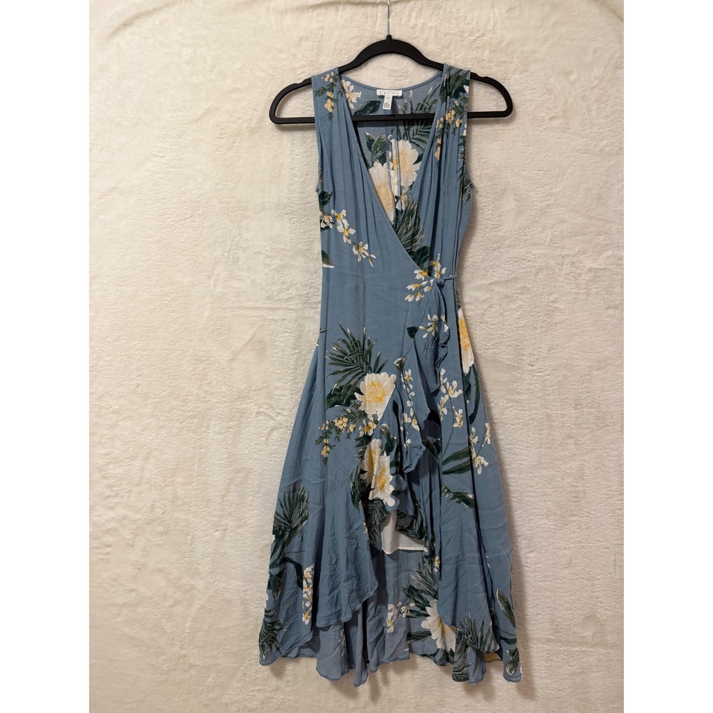 Leith Women XS Tropical Floral Faux Wrap High Low Ruffle Midi Dress Sleeveless
